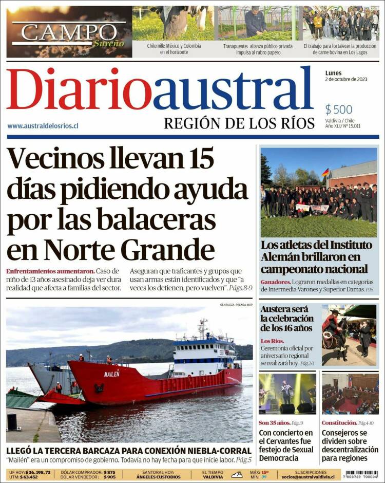 Portada de El Diario Austral de Valdivia (Chile)