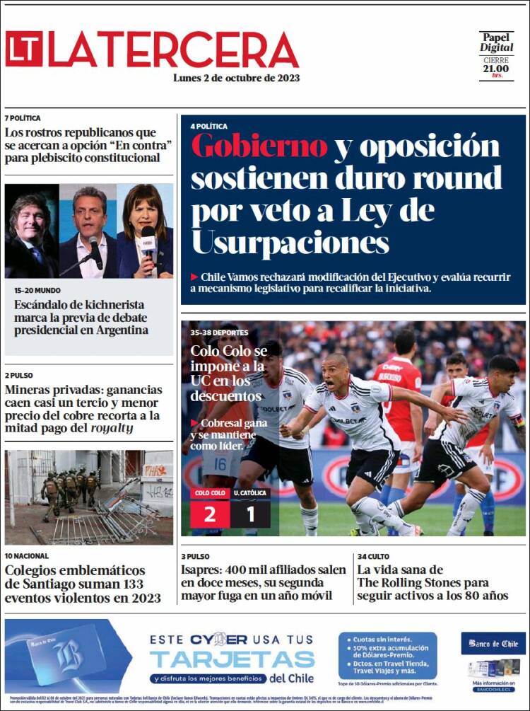 Portada de La Tercera (Chile)