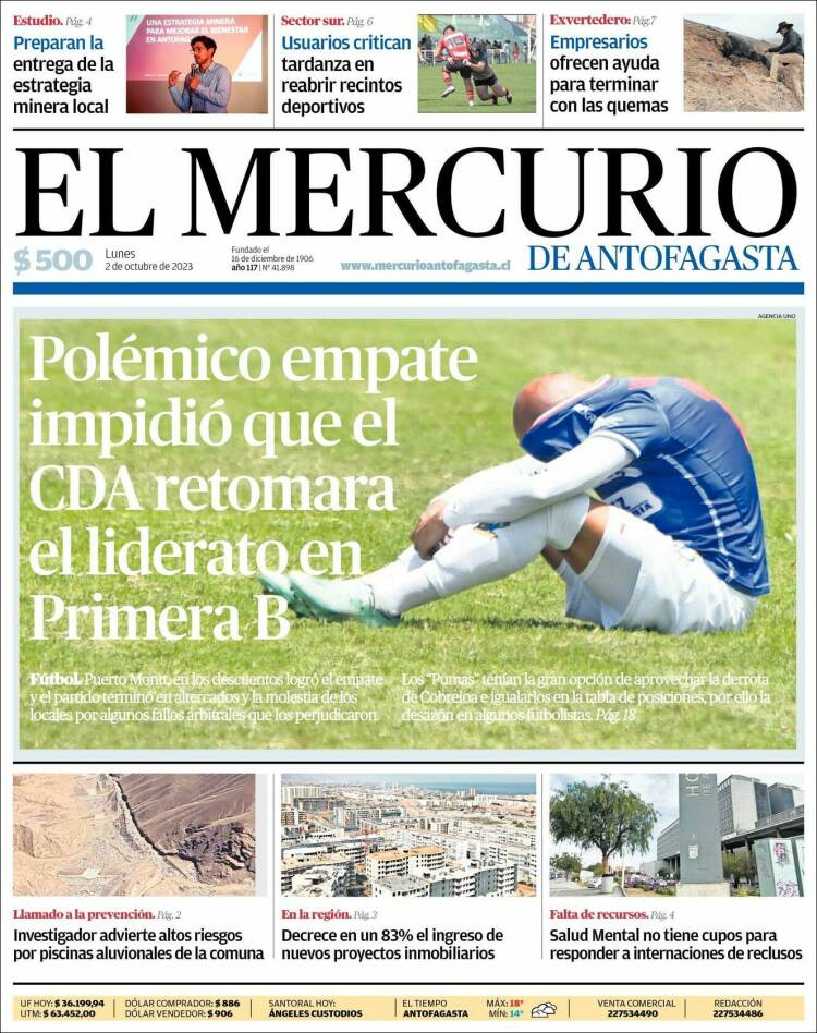 Portada de El Mercurio de Antofagasta (Chile)
