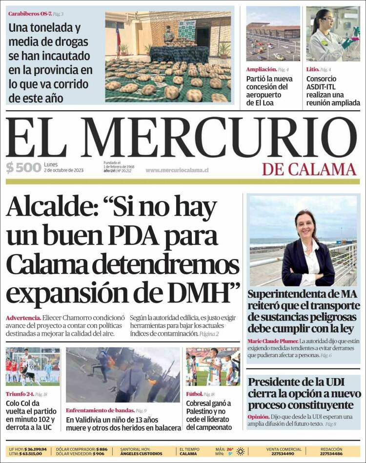 Portada de El Mercurio - Calama (Chile)
