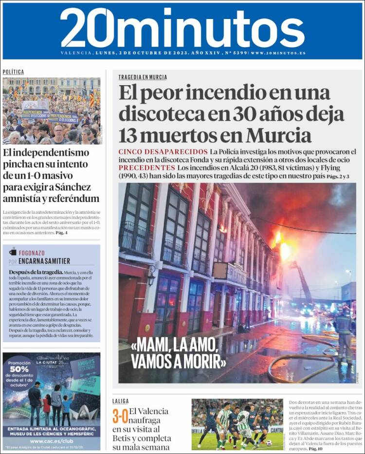 Portada de 20 Minutos - Valencia (España)