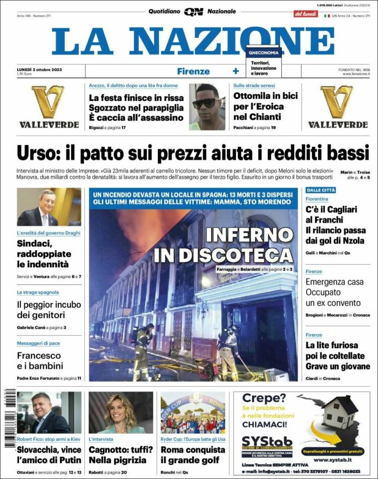 Portada de La Nazione (Italia)