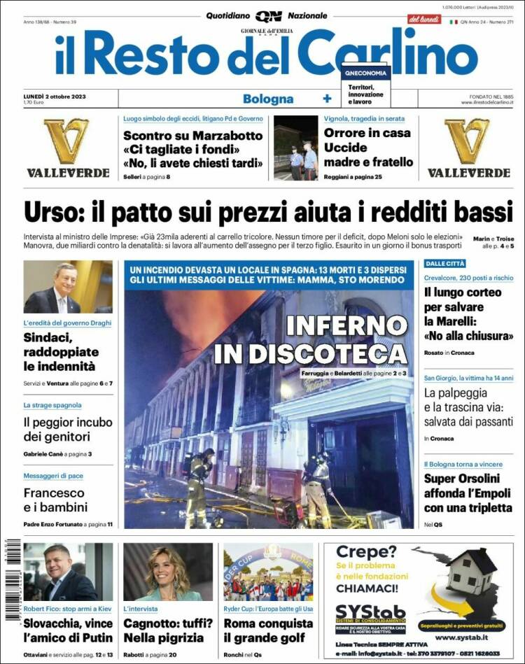 Portada de Il Resto del Carlino (Italia)