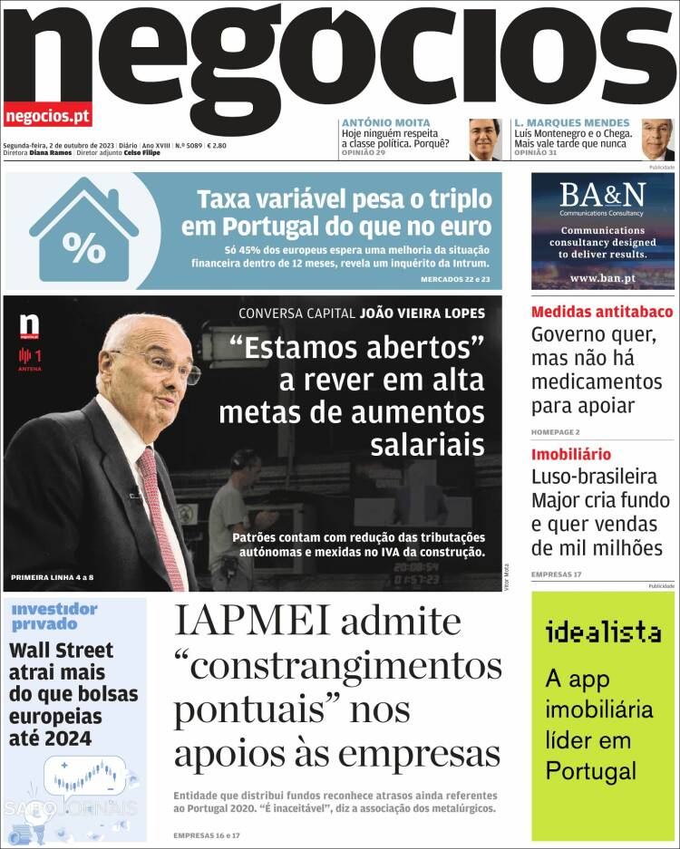 Portada de Jornal de Negócios (Portugal)