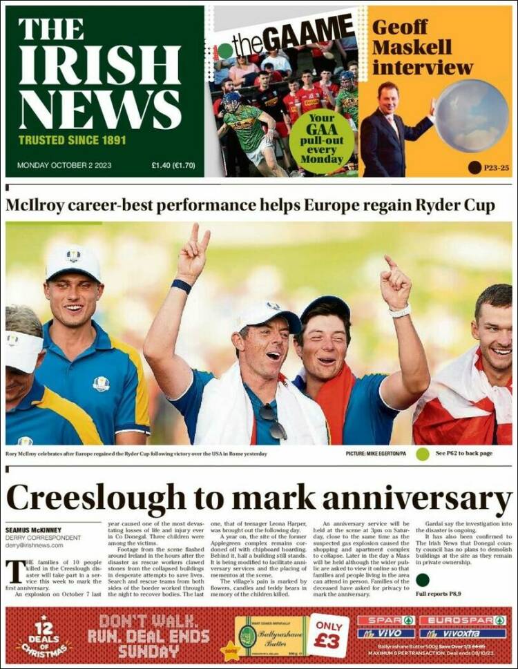 Portada de Irish News (Reino Unido)