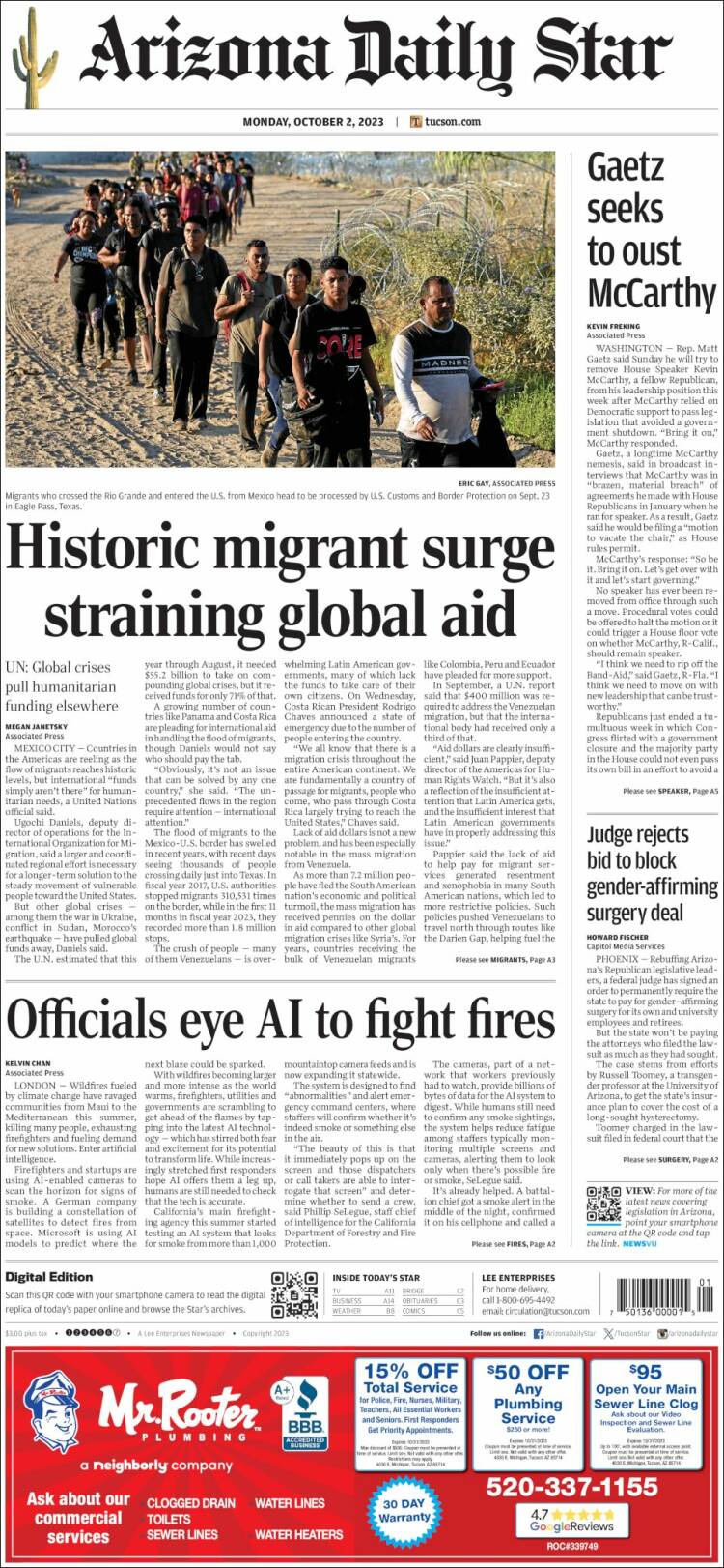 Portada de Arizona Daily Star (USA)