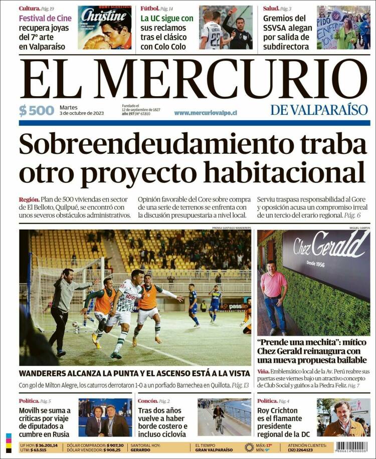 Portada de Mercurio de Valparaiso (Chile)