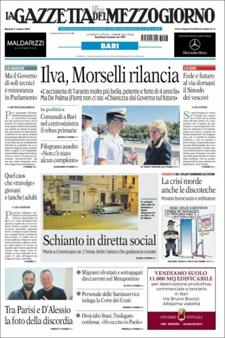Portada de La Gazzetta del Mezzogiorno (Italia)