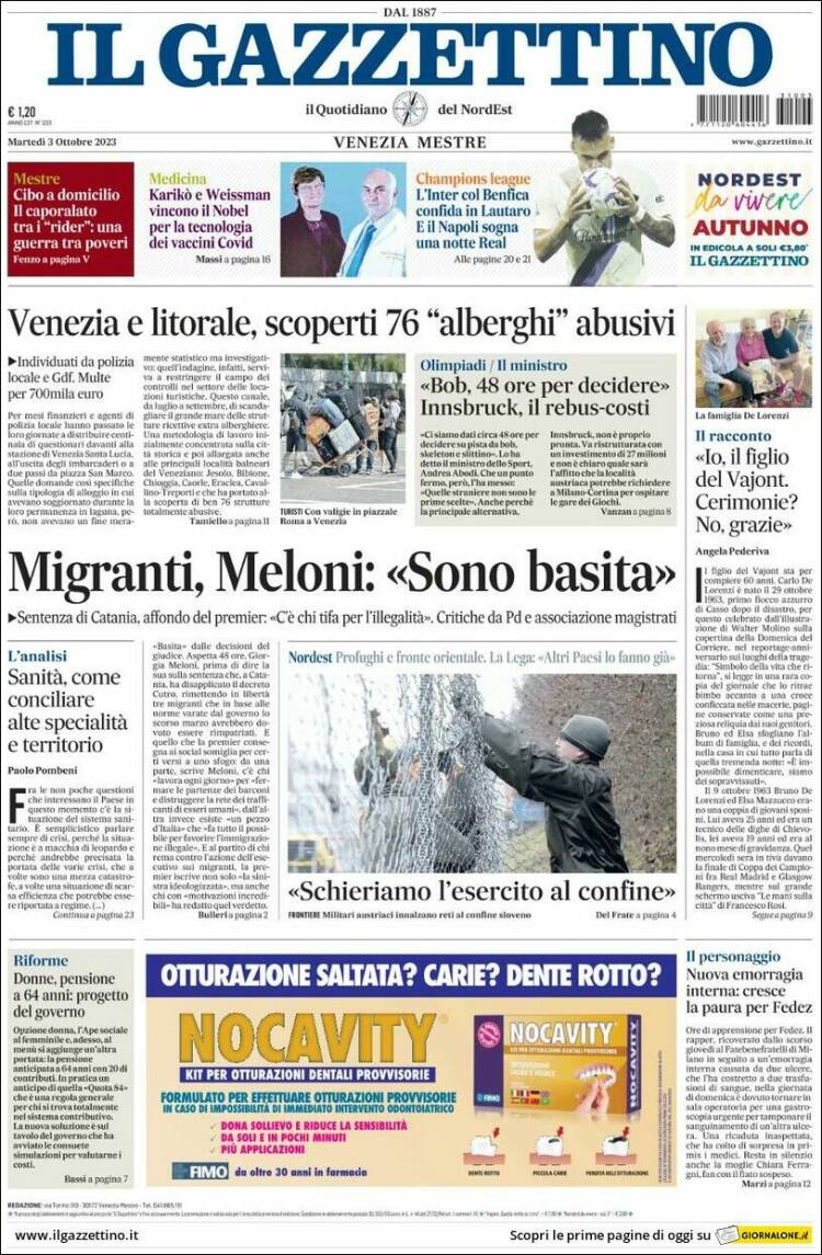 Portada de Il Gazzettino (Italia)
