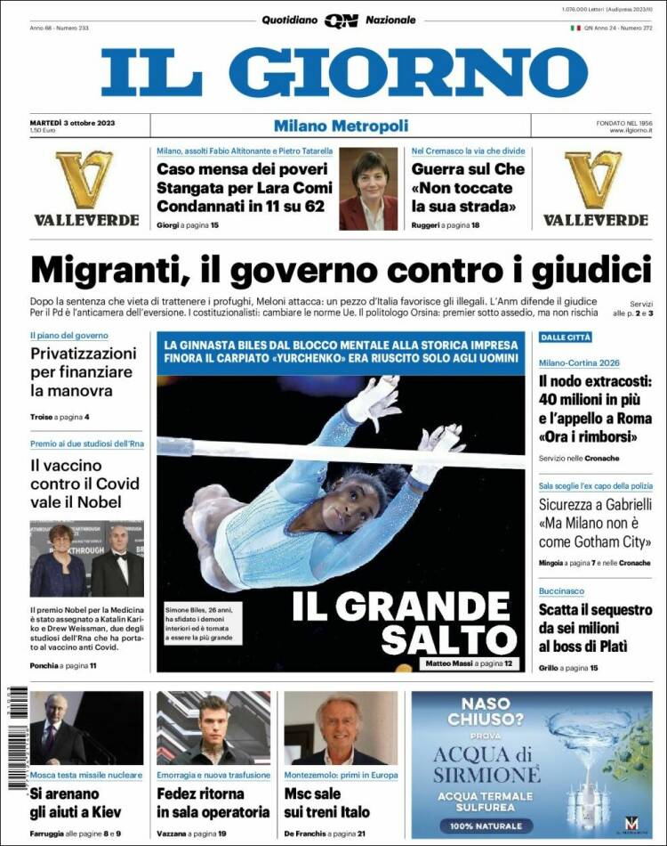 Portada de Il Giorno (Italia)