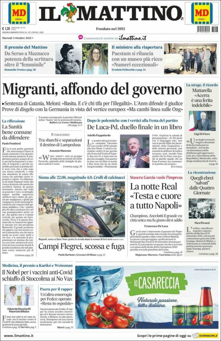 Portada de Il Mattino (Italia)