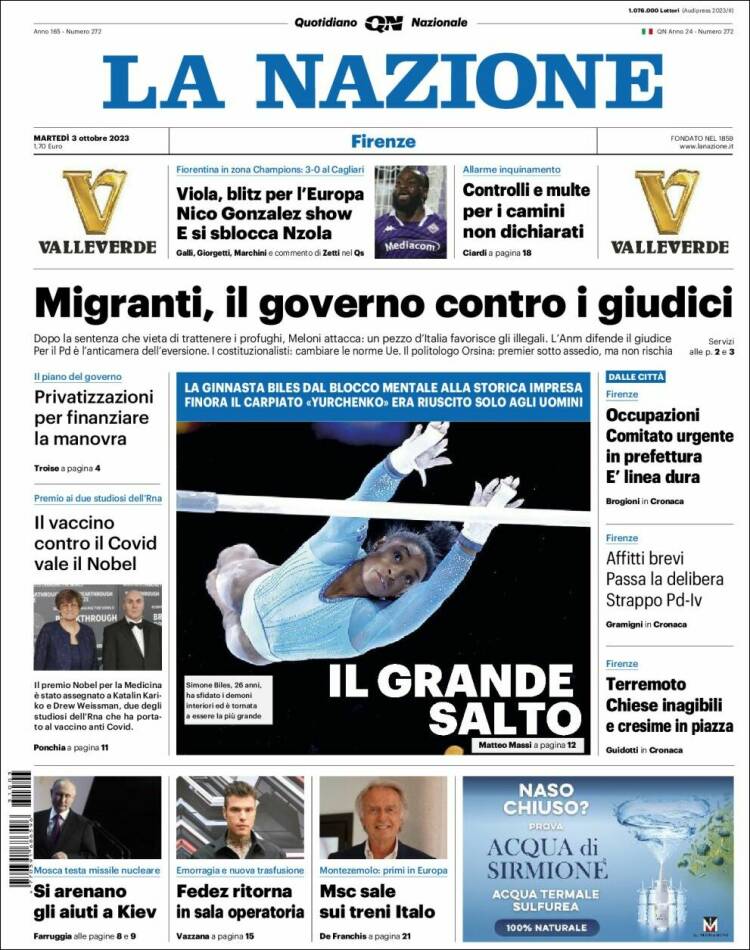 Portada de La Nazione (Italia)