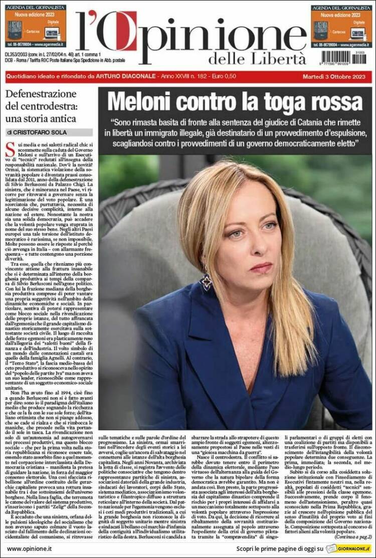 Portada de L'Opinione  delle Libertà (Italia)