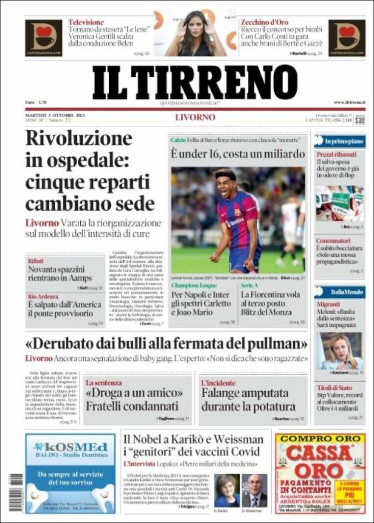 Portada de Il Tirreno (Italia)