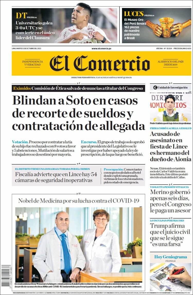 Portada de El Comercio (Per&uacute;)