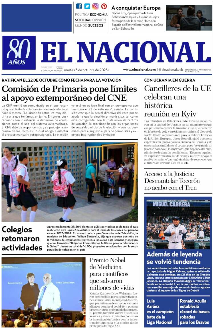 Portada de El Nacional (Venezuela)