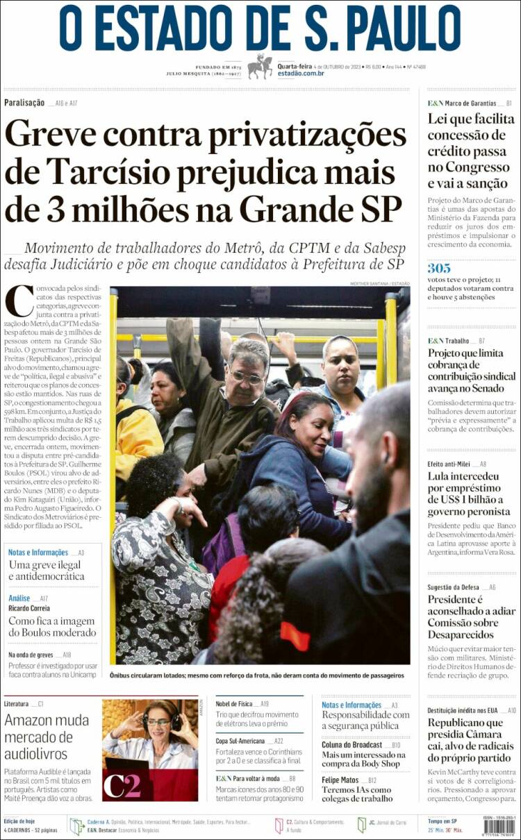 Portada de O Estado de São Paulo (Brasil)