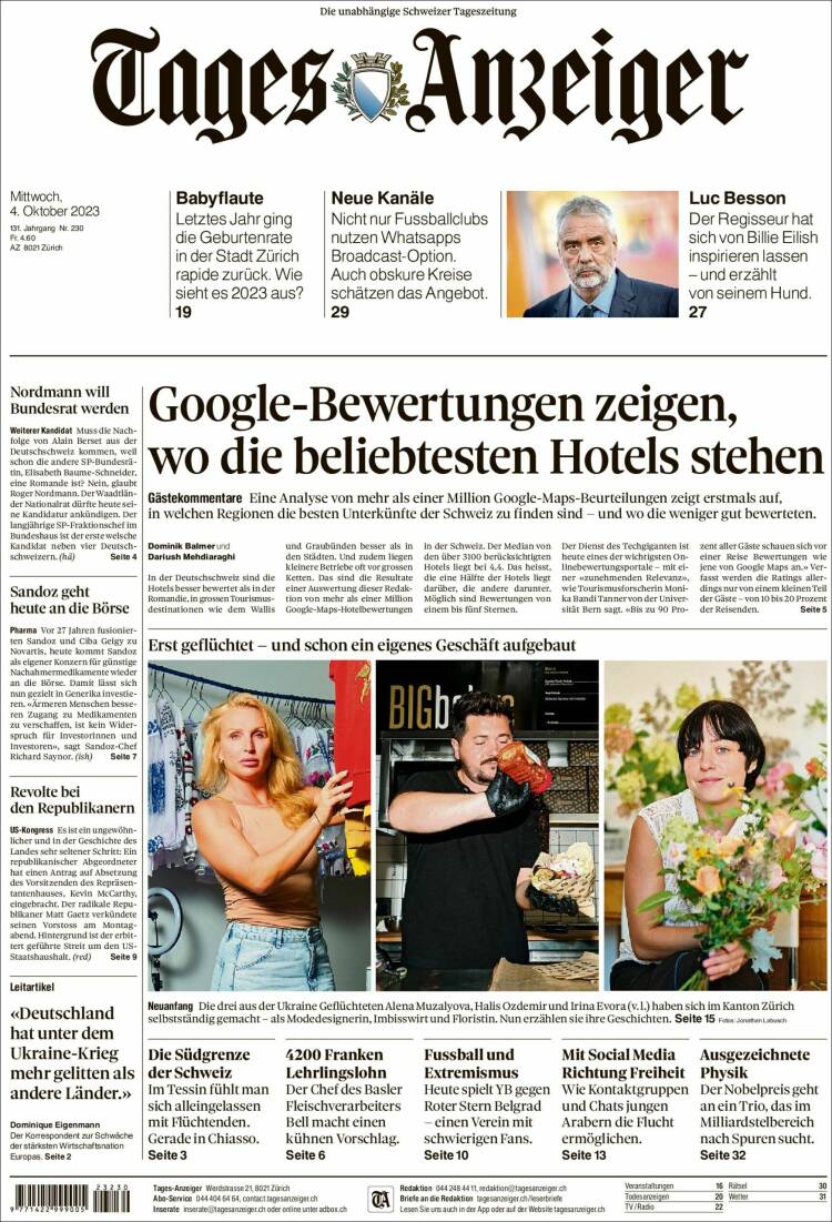Portada de Tages-Anzeiger (Suiza)