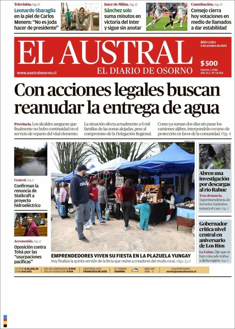 Portada de El Austral de Osorno (Chile)