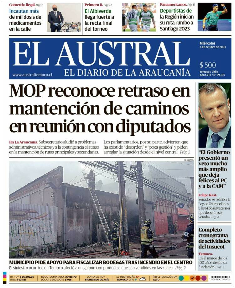 Portada de El Austral de Temuco (Chile)
