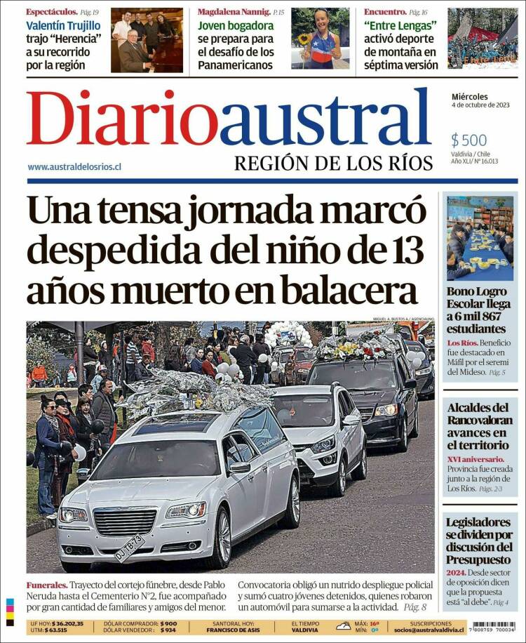 Portada de El Diario Austral de Valdivia (Chile)