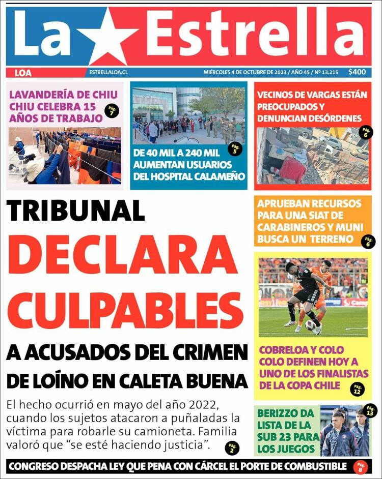 Portada de La Estrella de Loa (Chile)