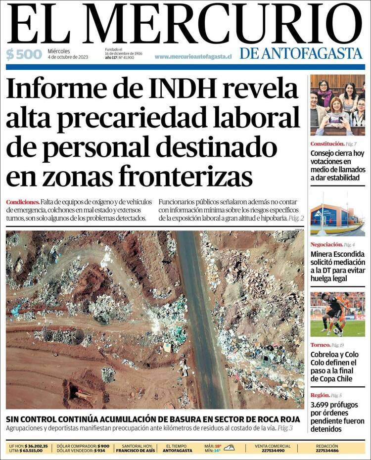 Portada de El Mercurio de Antofagasta (Chile)