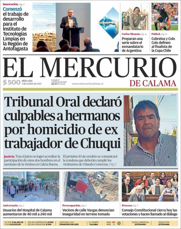 Portada de El Mercurio - Calama (Chile)