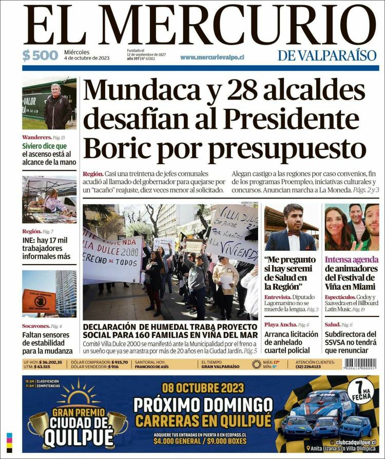 Portada de Mercurio de Valparaiso (Chile)