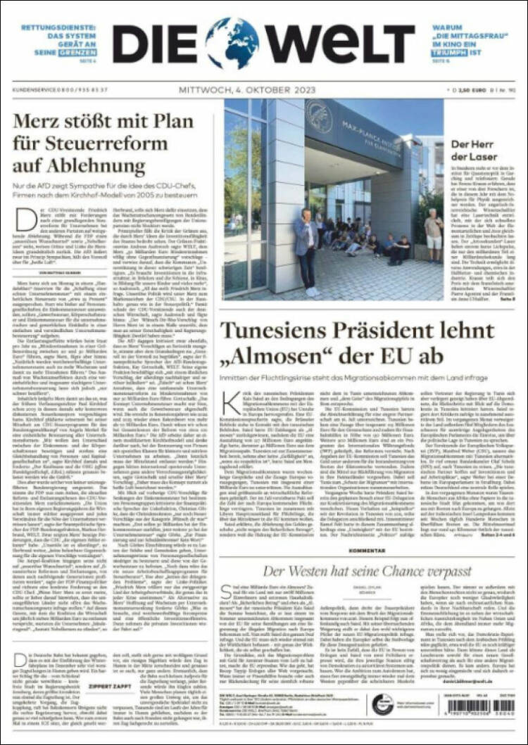 Portada de Die Welt (Alemania)