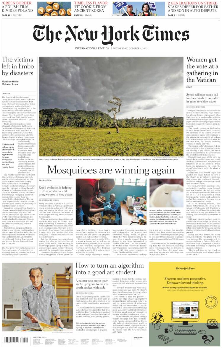 Portada de International New York Times (Europa)