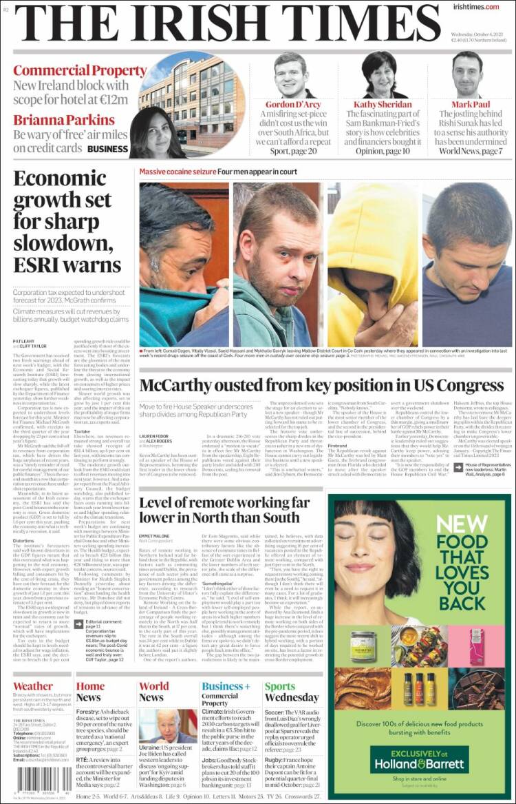 Portada de Irish Times (Irlanda)