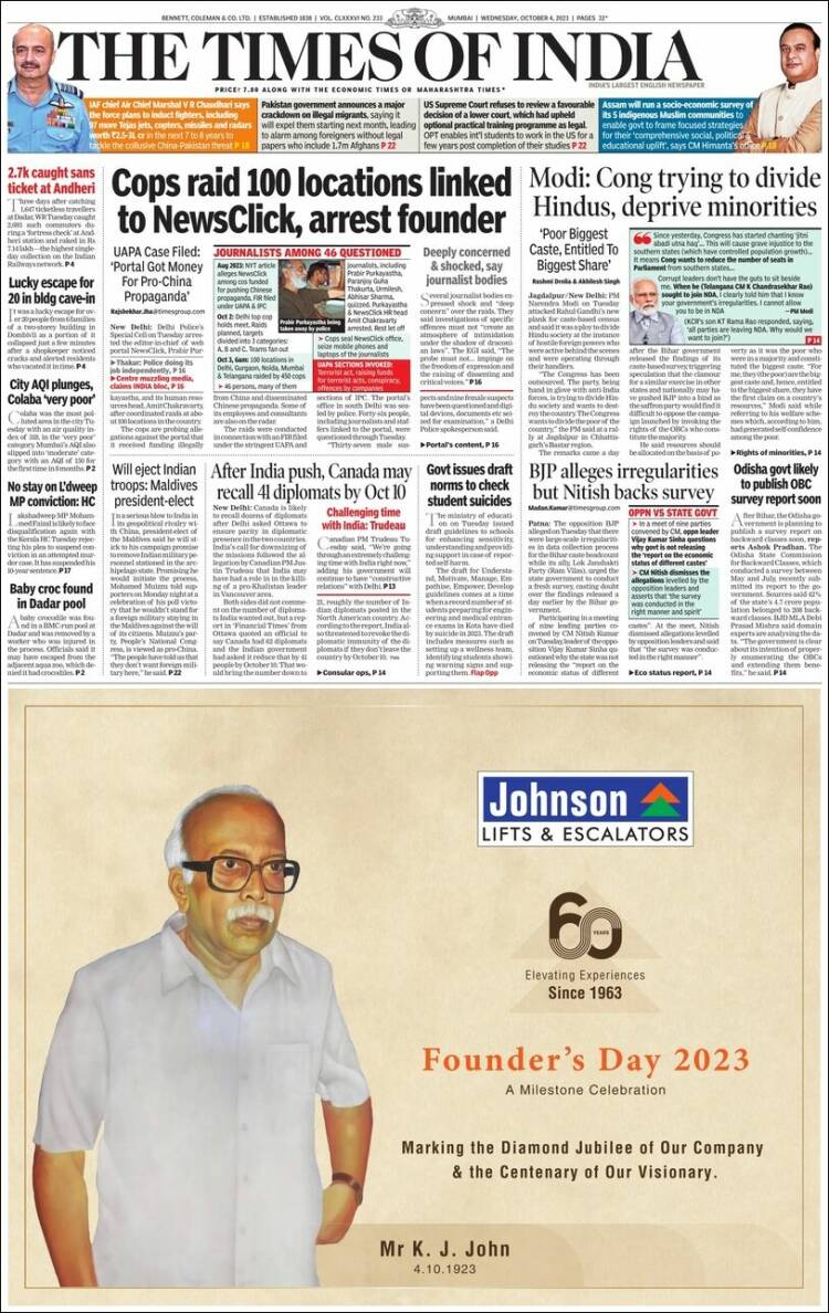 Portada de The Times of India (India)