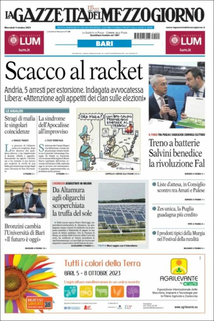 Portada de La Gazzetta del Mezzogiorno (Italia)