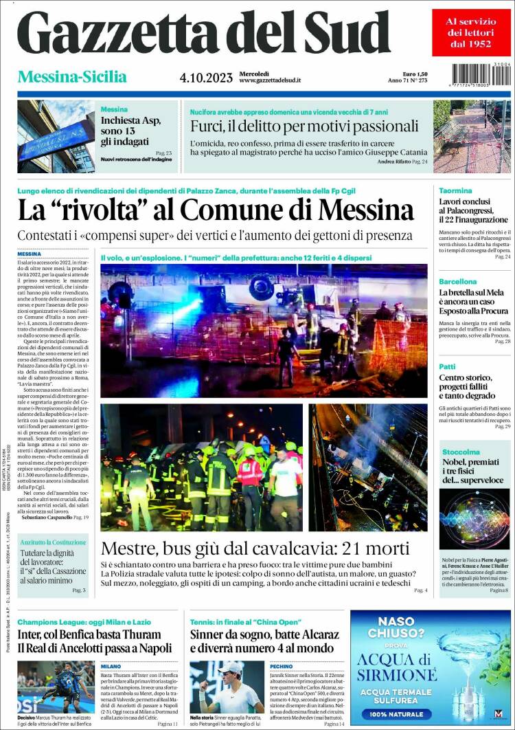 Portada de Gazzetta del Sud (Italia)