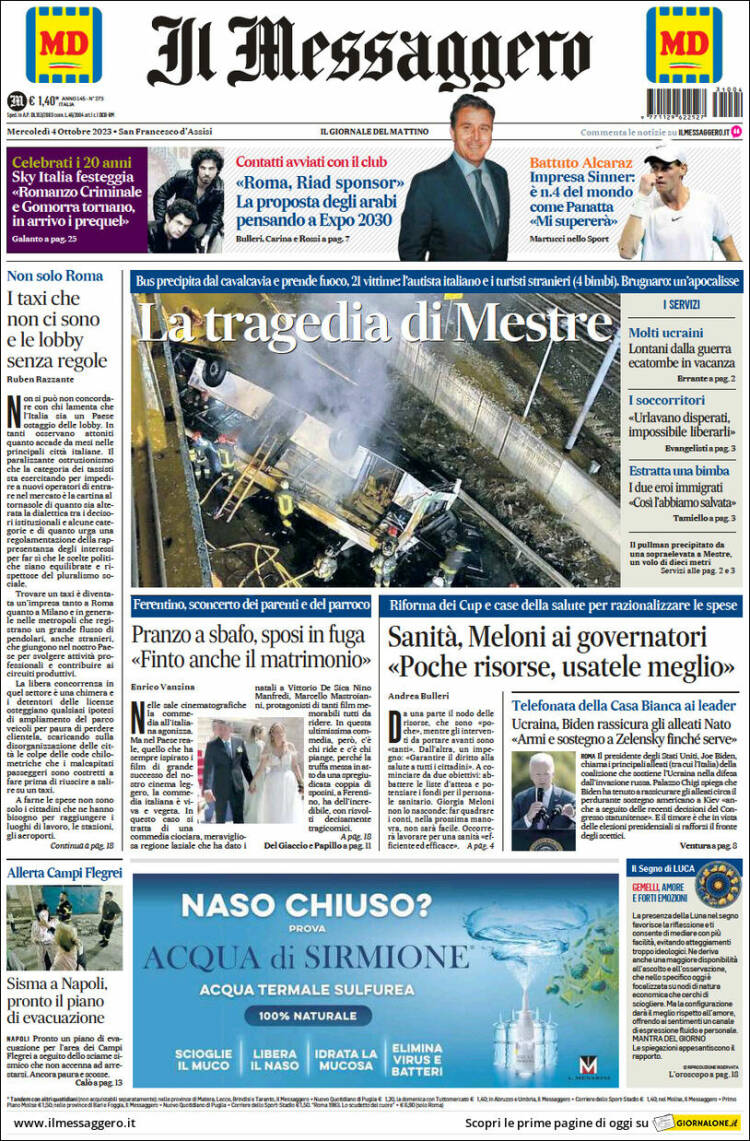 Portada de Il Messaggero (Italia)