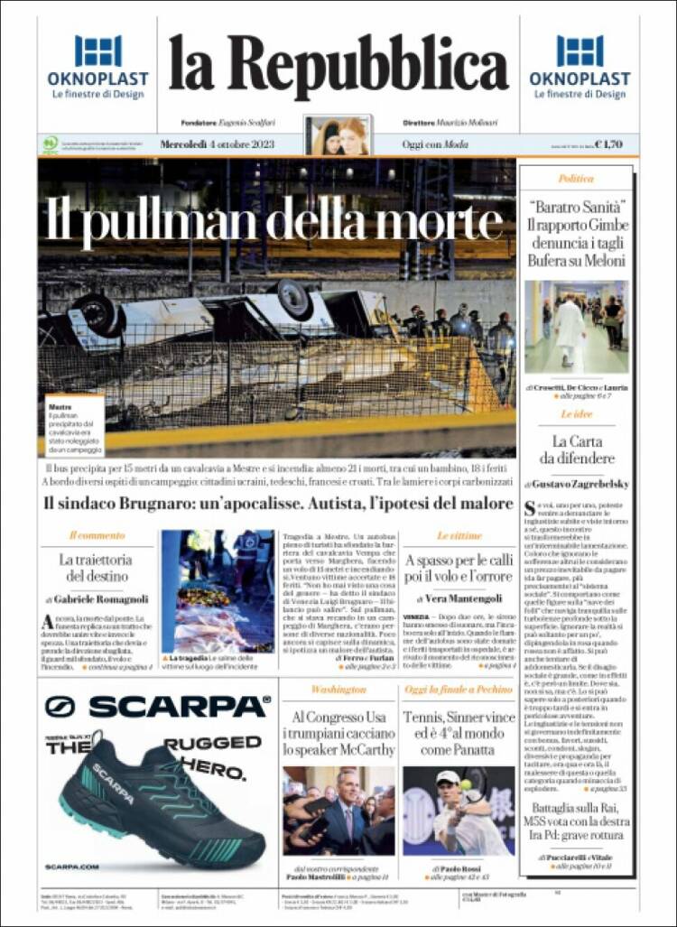 Portada de La Repubblica (Italia)