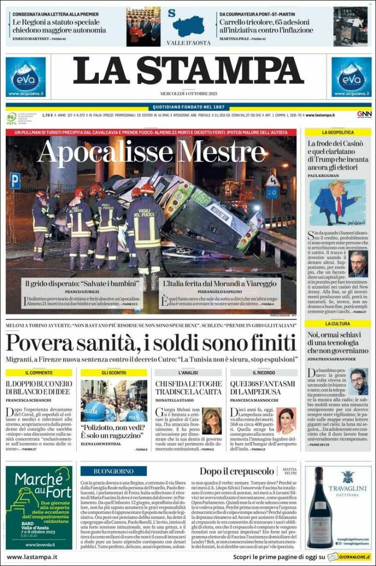 Portada de La Stampa (Italia)