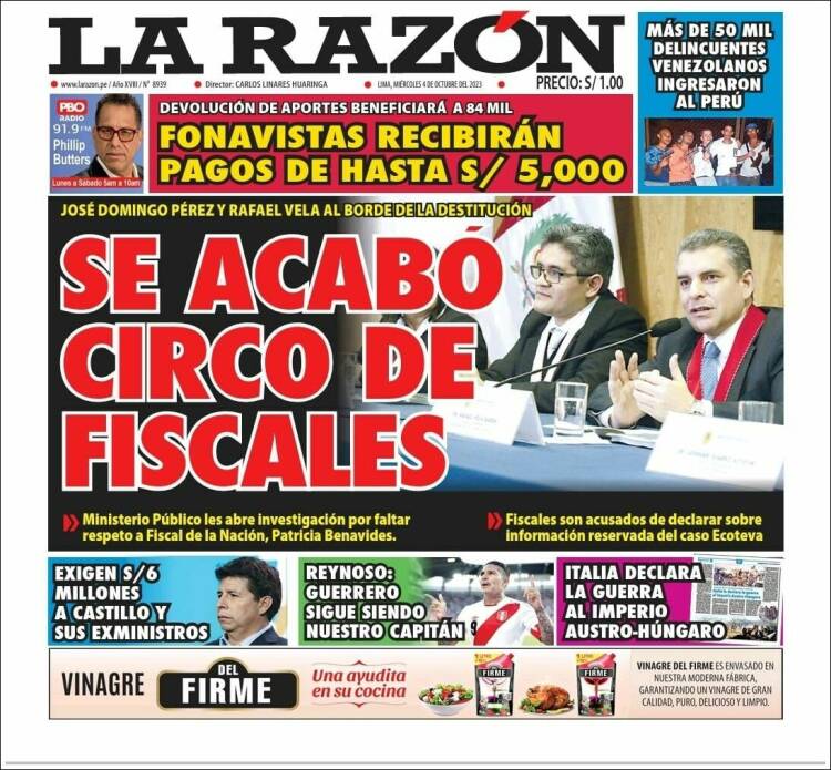 Portada de La Razón (Per&uacute;)