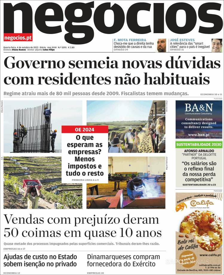 Portada de Jornal de Negócios (Portugal)