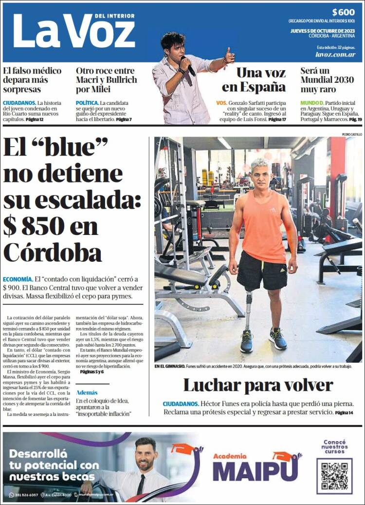 Portada de La Voz del Interior (Argentina)