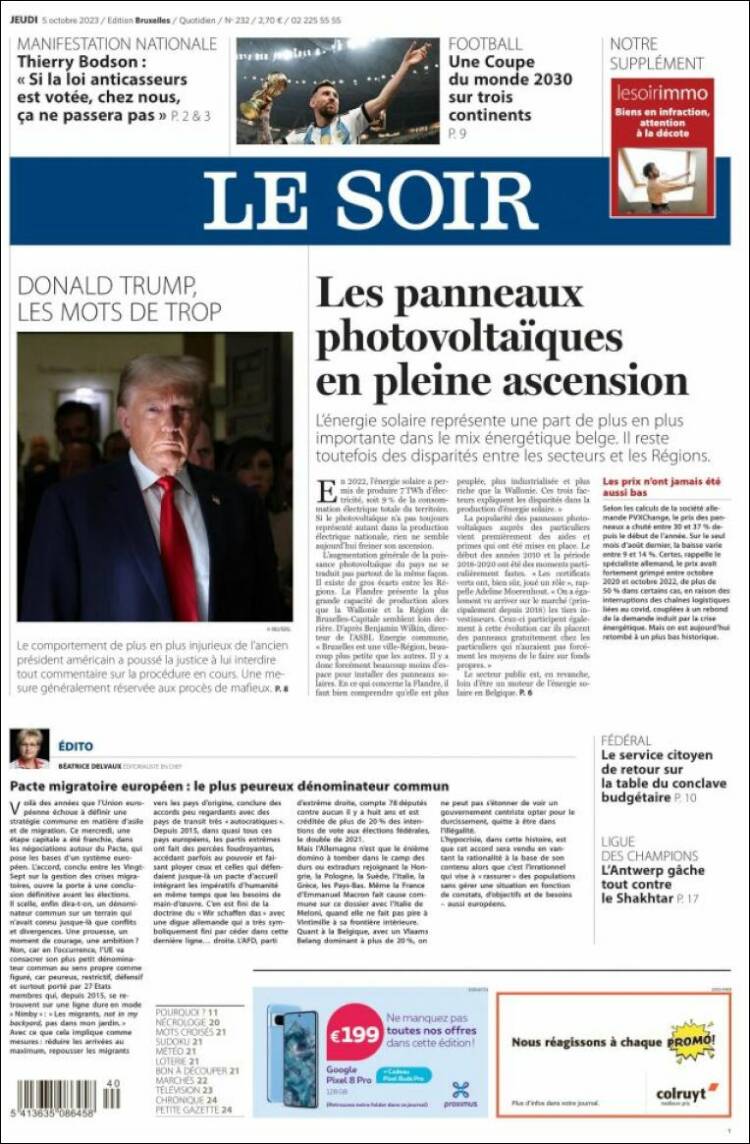 Portada de Le Soir (B&eacute;lgica)