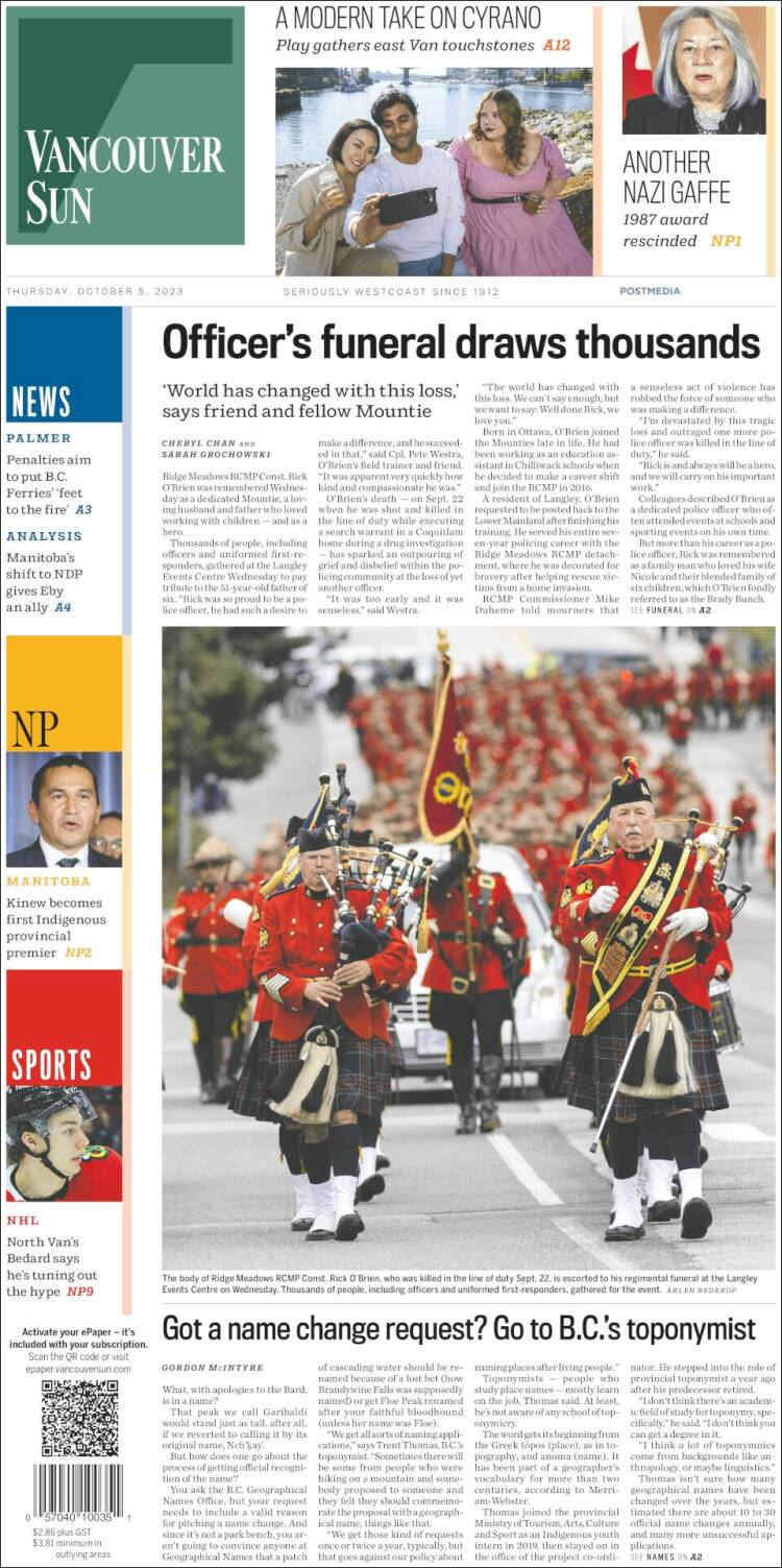 Portada de The Vancouver Sun (Canadá)