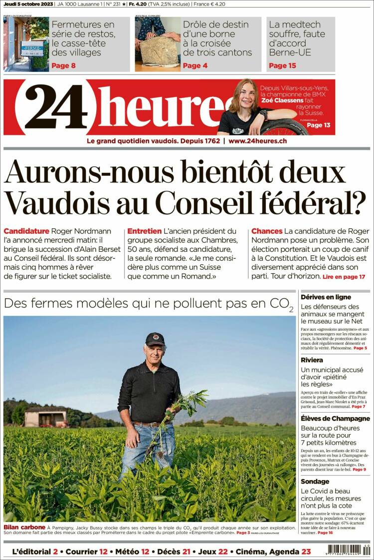 Portada de 24 Heures (Suiza)
