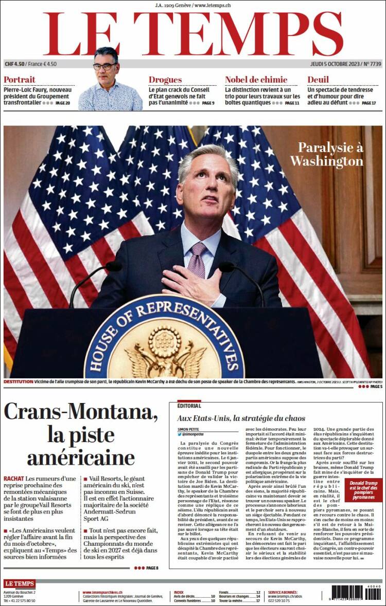 Portada de Le Matin (Suiza)