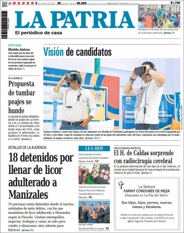 Portada de La Patria (Colombia)