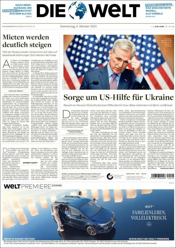Portada de Die Welt (Alemania)