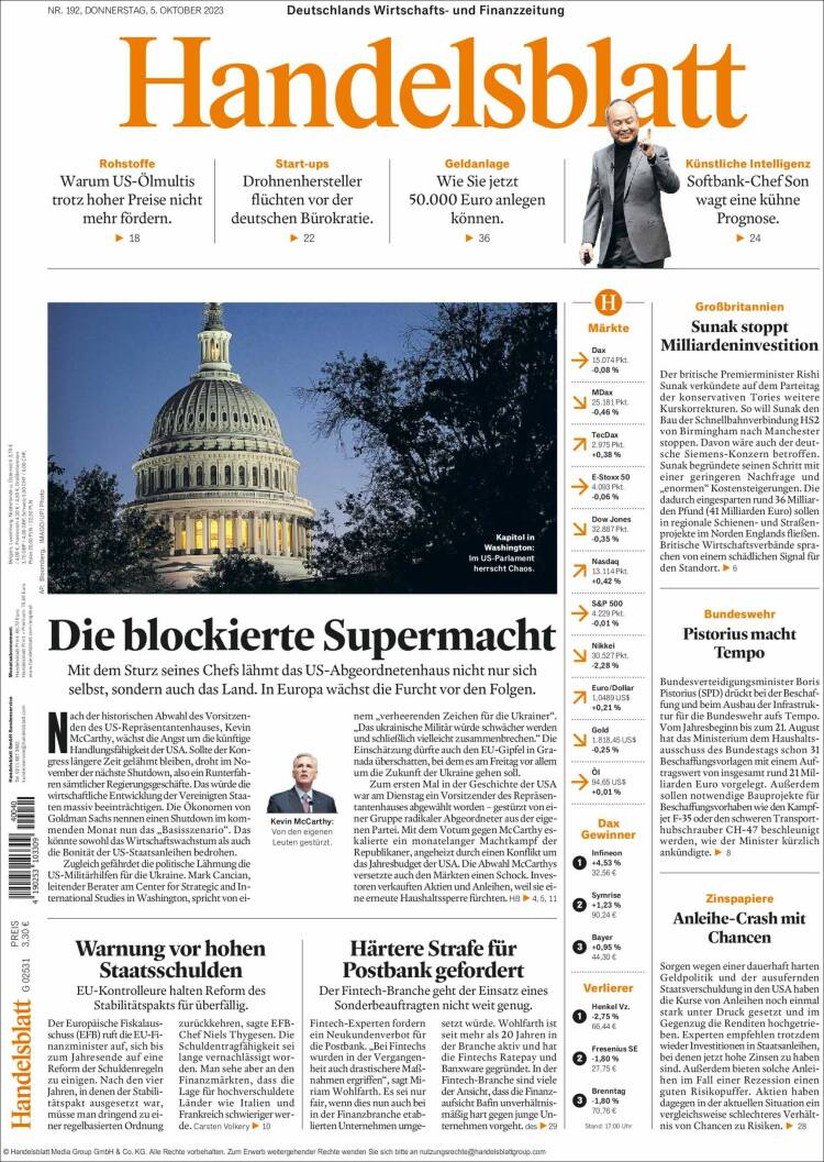 Portada de Handelsblatt (Alemania)