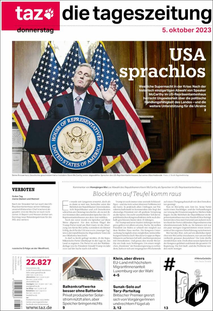 Portada de Die Tageszeitung (Alemania)