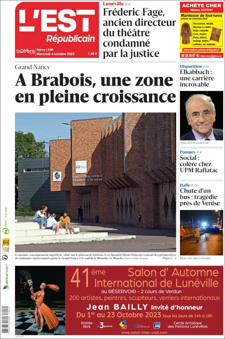 Portada de L'Est Republicain (Francia)